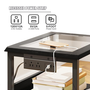 Glass Top Rectangular Fabric Black <strong>Side</strong> <strong>Table</strong> Hollow 2 <strong>Drawers</strong> With Socket LED Light 1PC - Product Image 2