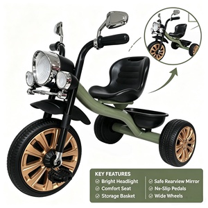 Tricycle pour enfants en plastique de style rétro, 2-6 ans, avec pédales, 3 roues, phare et panier de rangement. - Product Image 5
