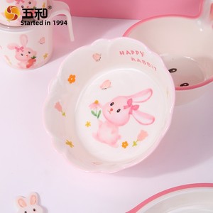 Assiette compartimentée en mélamine Wuhe pour enfants, motif lapin mignon, bol de dessin animé pour bébé, bol pour aliments complémentaires, cuillère et tasse - Product Image 3