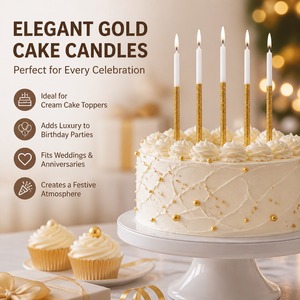 Velas de Cumpleaños Largas con Purpurina Dorada, Adorno para Pastel con Soportes de Plástico, Velas de Parafina sin Humo para Cumpleaños Infantiles - Product Image 1