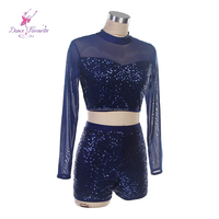 20508 Costume de danse lyrique bleu marine en spandex à sequins avec pantalon, robe de ballet, tenue de scène