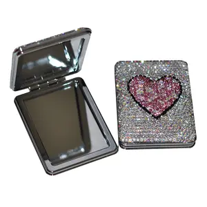 Espelho de cosméticos redondo dobrável, portátil, espelho com glitter brilhante, diamante, compacto, de bolso, para presente de casamento