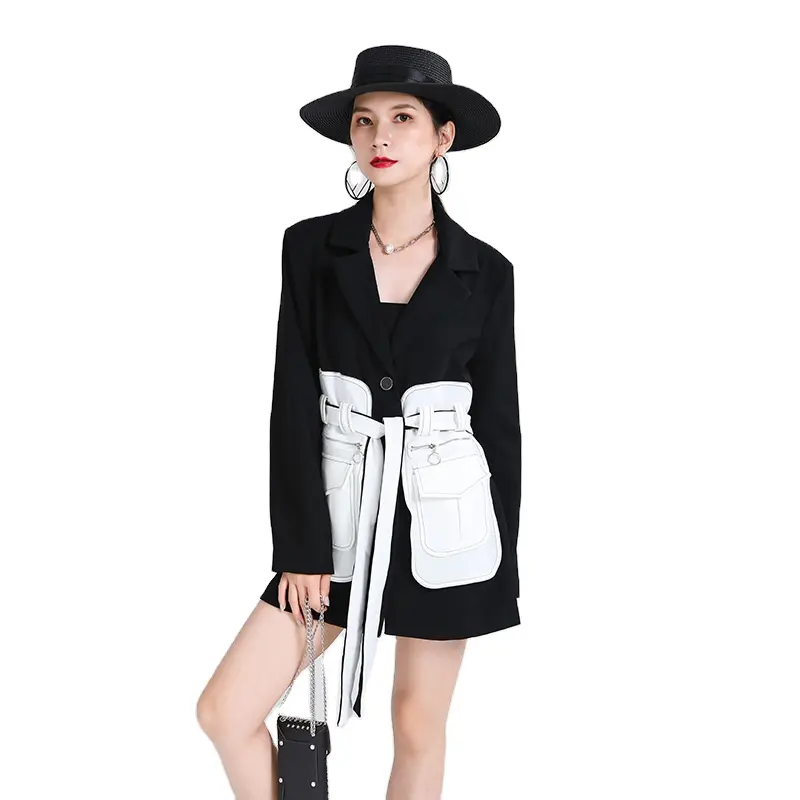 レディースコートとジャケット黒と白のファッションジャケットレトロノスタルジックウエストタイトなミッドレングススーツコート女性用1506