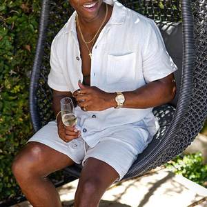 Sweat-shirt ample à manches courtes en coton et lin pour homme, chemise à revers en coton et lin de couleur unie à manches courtes - Product Image 2