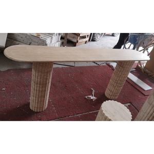 Table console ovale en travertin beige de forme populaire avec socle cannelé - Product Image 4