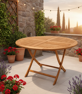 Mesa plegable redonda de teca fabricada en Jepara, diseñada para brindar durabilidad, fácil manejo y elegantes experiencias de comedor al aire libre en todo el mundo. - Product Image 2