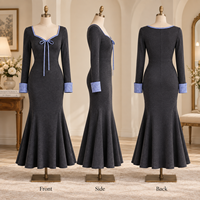 Robe longue décontractée sirène pour femme, tricotée, à col cœur, manches longues, avec nœud et bordure contrastante à carreaux vichy, marque privée