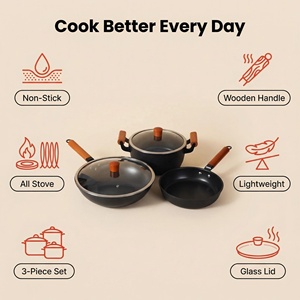 Ensemble de <span class=keywords><strong>casseroles</strong></span> et poêles en fer noir, 5 pièces, avec couvercle en verre, wok, faitout et poêle à frire, manche en bois, pour la cuisine - Product Image 4