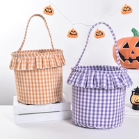 Sac à bonbons d'Halloween personnalisé brodé pour enfants, sac fourre-tout en tissu gingham à volants violet, panier, cadeau pour la fête d'Halloween