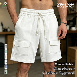 Shorts cargo en coton gaufré pour homme RAMAX, taille mi-haute avec cordon de serrage, style streetwear, vêtements personnalisés - Product Image 1