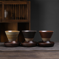 Tasse à café en céramique rétro tournée au four avec base en bois créative pour tasse de fête Amazon