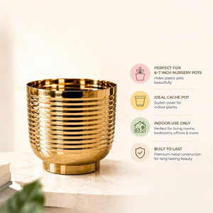 Pot de fleurs en métal doré, moderne, luxueux, à nervures, pour plantes d'intérieur, à poser sur le bureau - Product Image 4