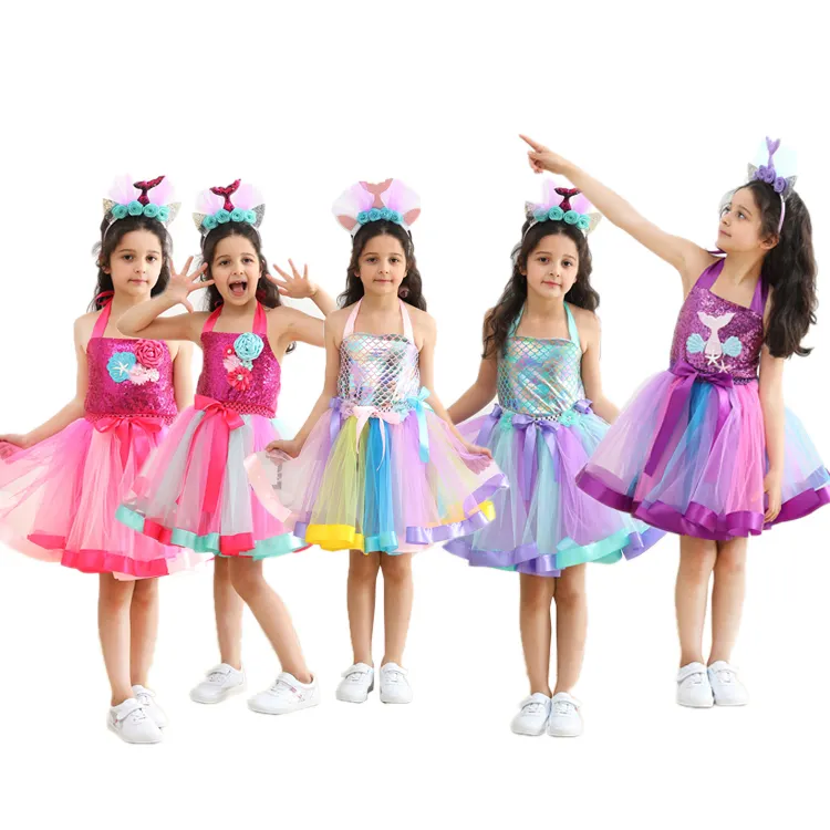 ชุดเดรสวันฮาโลวีนสำหรับเด็กหญิง,ชุดคอสเพลย์สำหรับงานเลี้ยงวันเกิดชุดเดรสนางเงือกฟูฟ่องสีสันสดใสชุดเดรสราตรีนางเงือก