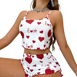Service OEM Vente en Gros Ensemble Pyjama 2 Pièces Femme Tricoté Doux Imprimé Floral Décontracté Été Caraco et Short 95% Polyester 5% - Product Image 5