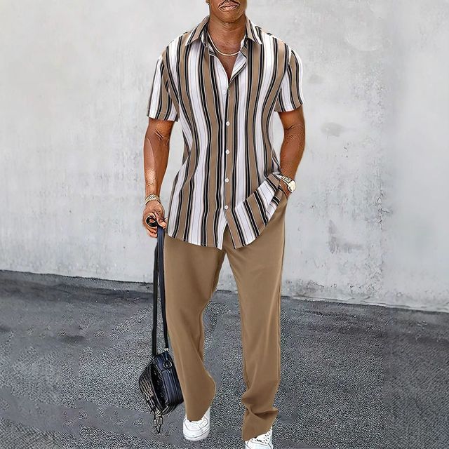 2026 Hot New Trend Men's Casual Striped Short-Sleeve Shirt and Casual Pants 2-Piece Set