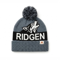 Bonnet Jacquard Personnalisé Motif Animal en Acrylique, Chaud d'Hiver, avec Pompon, Patch Brodé, Revers Côtelé Épais, Gris, pour l'Extérieur