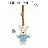Porte-clés en peluche chiot blanc Kawaii avec pull tricoté bleu, mini raquette de badminton et volant de badminton, pendentif de sac sportif pour chien, cadeau