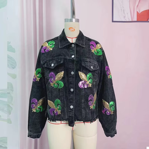 Pronto per la spedizione FDL con ricami di paillettes Patch Shacket martedì Gras cappotto floreale velluto a coste cappotti giacca da donna per il grasso di martedì - Product Image 4