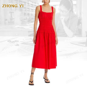 Abiti Midi Casual da <span class=keywords><strong>Donna</strong></span> in <span class=keywords><strong>Cotone</strong></span> Popeline Tinta Unita, Eleganti e Morbidi, con Arricciature, per l'Estate - Produzione all'Ingrosso Personalizzata - Product Image 1