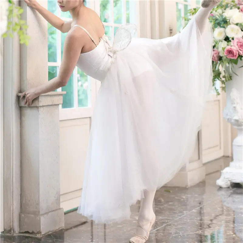 Professional High Quality Women Girls Ballet Performance Wear Dance Costumes Long White Romantic Ballet Tutu with wing