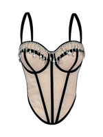 Corset court vintage à franges en strass et à motif d'arêtes de poisson, style Spice Girls, avec nœud 3D en tissu Dobby, bicolore et ajusté, pour la poitrine