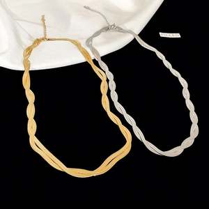 Unique Double Layer Twisted Stainless Steel PVD 18K <b>Gold</b> Herringbone Link Chain <b>Choker</b> <b>Necklace</b> Women - Product Image 2