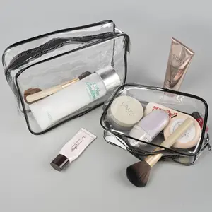 Custom Kleine Neopreen Transparante Stand-Up Reis Opbergen Doorzichtige Make-Up Tas Pvc Plastic Toilettas Cosmetische Zwarte Tas Set