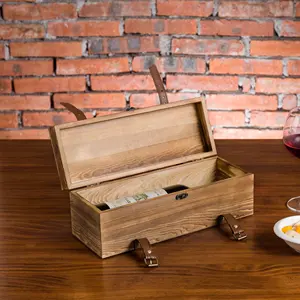 Изготовленный на заказ винтажный коричневый деревянный держатель для бутылки вина Подарочная коробка с кожаной пряжкой ремни и фиксатор