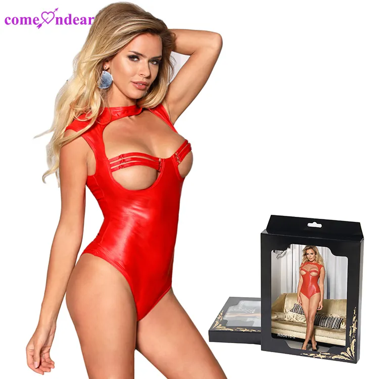 Custom packaging box lingerie manufacturer bodysuit lingerie-sexy femm faux leather women lingerie Comeondear plus size