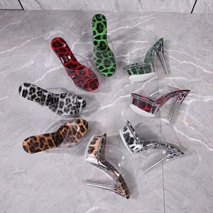 Sandales à talons imprimé léopard en PU et PVC transparent, style pole dance, pour soirée, plateforme légère - Product Image 5