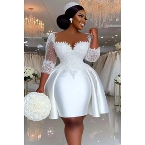 Nuevos Vestidos de Novia Cortos 2026 con Cuello Transparente, Mangas Medias, Apliques de Encaje, Perlas y Satén - Vestidos de Novia - Product Image 1