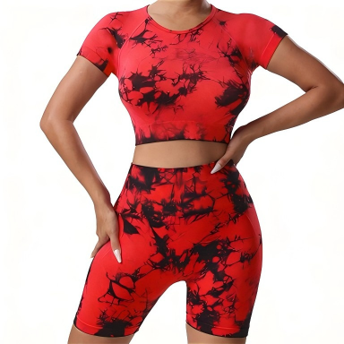 Women 2 Piece Tie Dye Yoga Sets Seamless Crop Top & High Waist Biker Shorts Workout Outfits for Gym Running