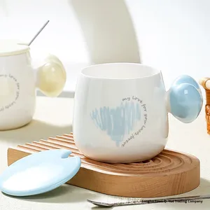 Hiện đại hình Trái Tim Gốm cốc cà phê với nắp và muỗng dễ thương vài thiết kế cho đám cưới và những dịp khác ăn sáng Mug - Product Image 3