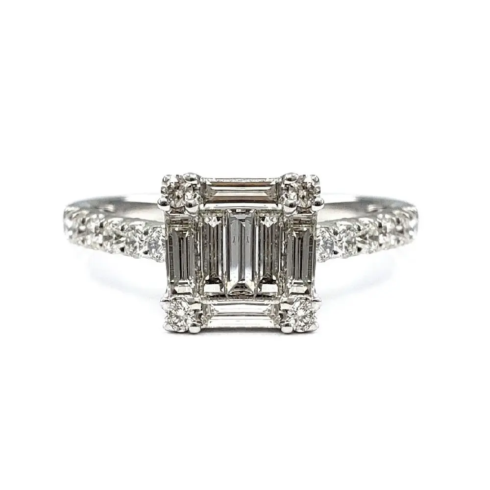 उत्कृष्ट प्यारा डिजाइन की पेशकश दिन KOK 18 करात सफेद सोने रियल Baguette हीरा ज्वेल्स वर्ग भ्रम क्लस्टर अंगूठी महिला के लिए