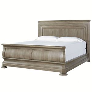 French Vintage Solid Wood Bed , <b>Antique</b> Wood Spindle Bed with Upholstered Headboard, Queen King Size Platform Bed for Bedroom - Product Image 1