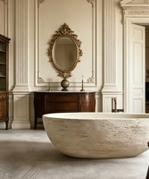 Baignoire autoportante moderne et haut de gamme en travertin, pierre artificielle, avec drain intégré et fonction massage, garantie 5 ans