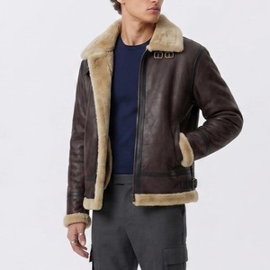 Brown <b>Sheepskin</b> Tanned Genuine Leather <b>Men's</b> Aviator Bomber <b>Jacket</b> Waterproof Zipper Closure Streetwear Sherpa Lined Winter - Product Image 5