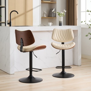 Walnut Bentwood <b>Bar</b> <b>Stools</b> Mid Century Modern <b>Adjustable</b> Counter Height Black Leather Upholstered 360Swivel Home <b>Bar</b> Hotel Set 2 - Product Image 1