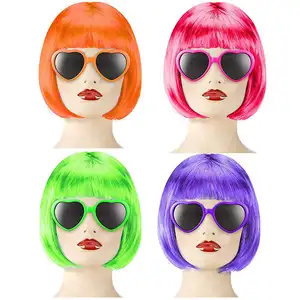 Wig rambut Cosplay pesta disko untuk wanita gadis Halloween pesta lajang dekorasi cendera mata Wig Bob pendek Neon warna-warni