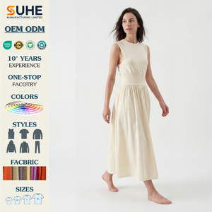 Vestido Elegante de Algodón con Cuello Redondo para Mujer, Sin Mangas, Cintura Fruncida, Estilo Swing, MOQ Bajo, Fabricación Personalizada - Product Image 2