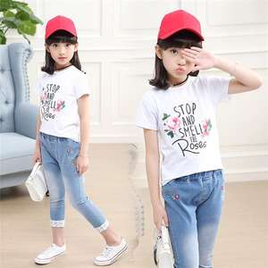 Conjunto de 2 piezas al por mayor: Camiseta de algodón Advicement de Bangladesh y pantalones cortos de mezclilla chino de moda para niñas de Guangzhou - Product Image 4