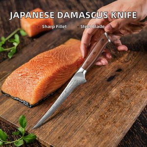 Handmade Damascus Steel Filleting <b>Knife</b> <b>Boning</b> Cutter Rosewood <b>Handle</b> Leather Sheath Kitchen Meat Fish Cutting Hunting <b>Knives</b> - Product Image 2
