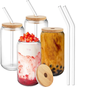 Bicchieri in Vetro Borosilicato da 16 oz con Coperchio in Bambù e Cannuccia per Birra, Caffè, Succo e Altre Bevande - Product Image 1