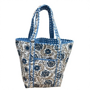 Bolsa de Mano de Algodón Acolchada con Estampado Floral, Estampado a Mano Indio, para Mujer, la Más Vendida, Combinación de Colores, Gran Capacidad - Product Image 1