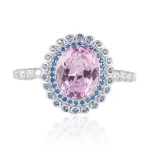 德音S925时尚椭圆形双光环实验室粉色蓝宝石宝石设计大石头奢华银色大胆订婚戒指