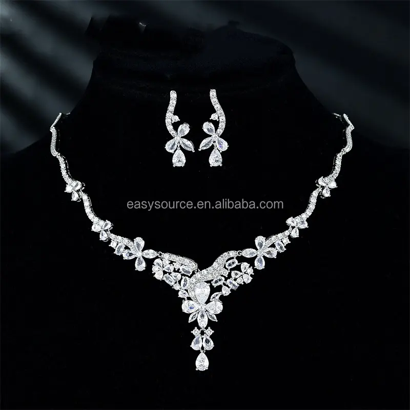 RE6207 American Bridal Accessories CZ Wedding Necklace And Earrings Flower Cubic Zircon Bride Jewelry Sets