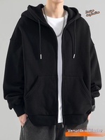 Cardigan rétro de style japonais avec fermeture éclair pour hommes, veste à capuche ample avec doublure polaire, chaude et tendance, marque pour jeunes