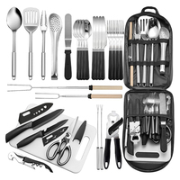 Ensemble d'ustensiles de cuisine de camping portables 27 pièces en acier inoxydable, kit d'organisation pour grillades en plein air