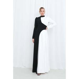 Robe de soirée élégante à col montant, taille naturelle, en satin noir, avec contraste de couleurs - Product Image 1