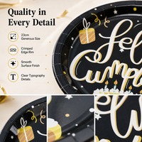 Assiettes d'anniversaire élégantes Feliz Cumpleanos, fournitures de table pour fête, assiettes en papier jetables noires et dorées avec motif de gâteau